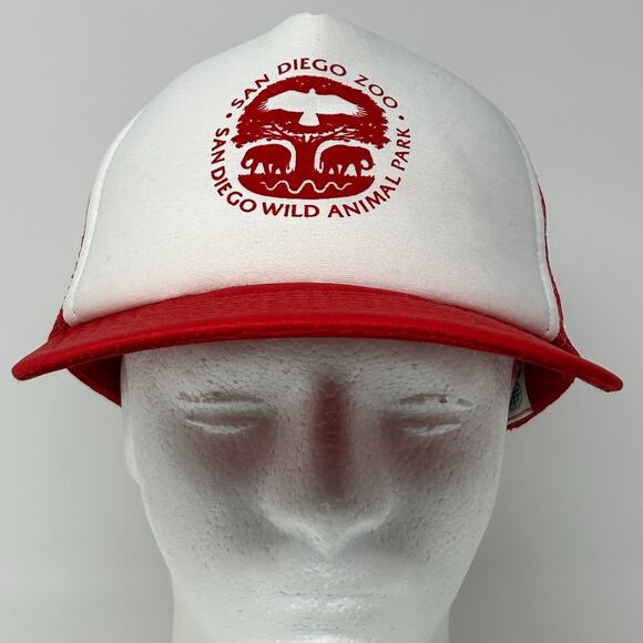 Vintage 80s San Diego Zoo Trucker Hat Baseball Cap Wild Animal Park Snapback Red - Picture 2 of 10